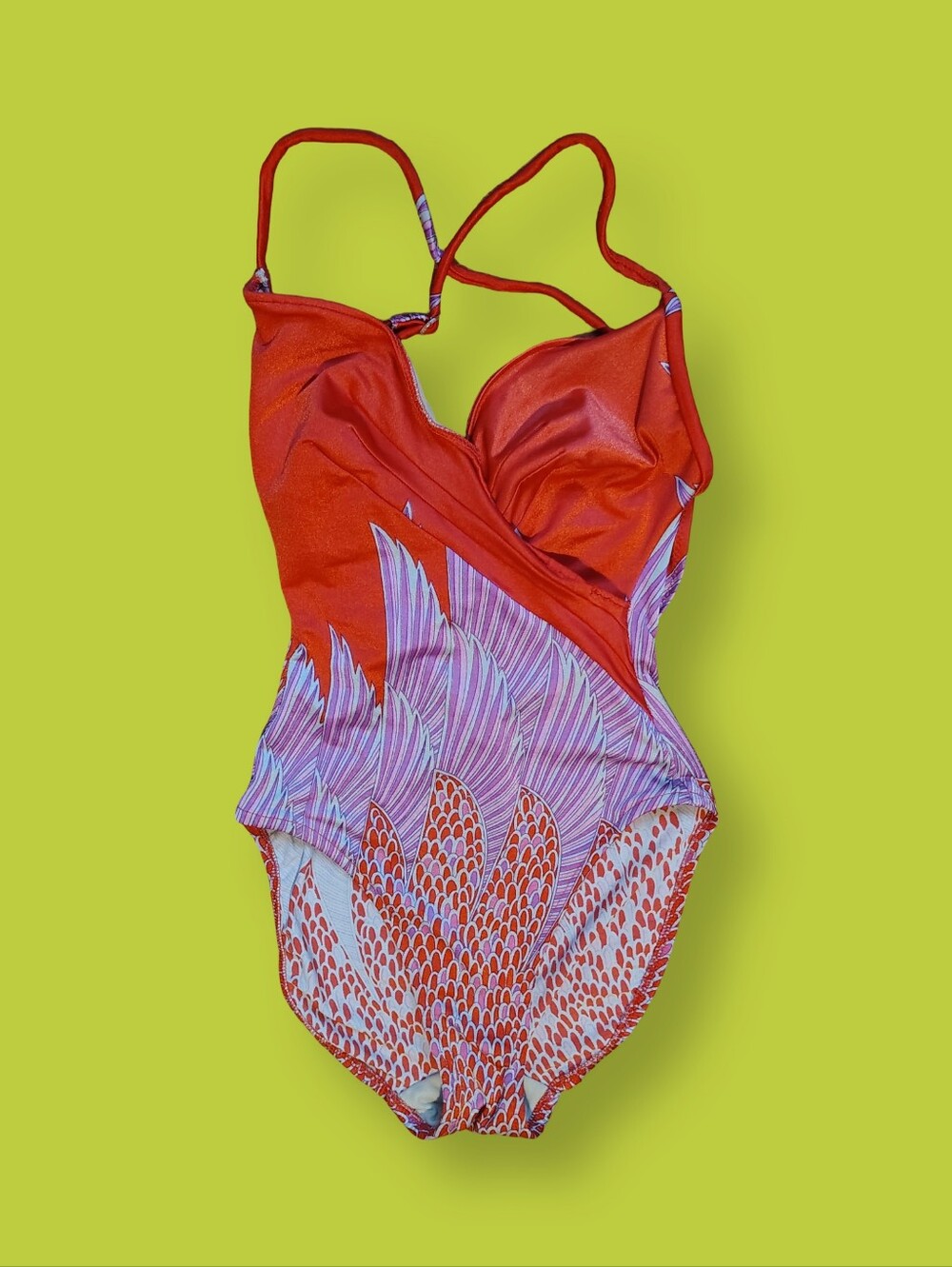 70s Vintage Sirena Swimsuit Deco 1 Piece Swim Retro Feather Print Red Purple